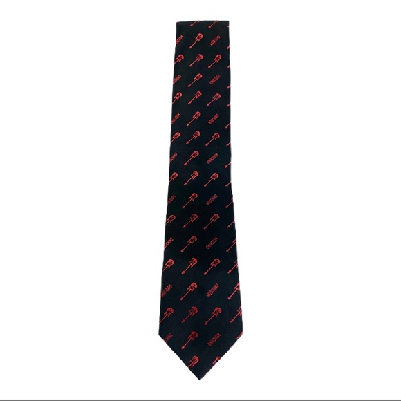 Moschino Mens Black & Red Guitar Designer Silk Tie - Picture 3 of 6